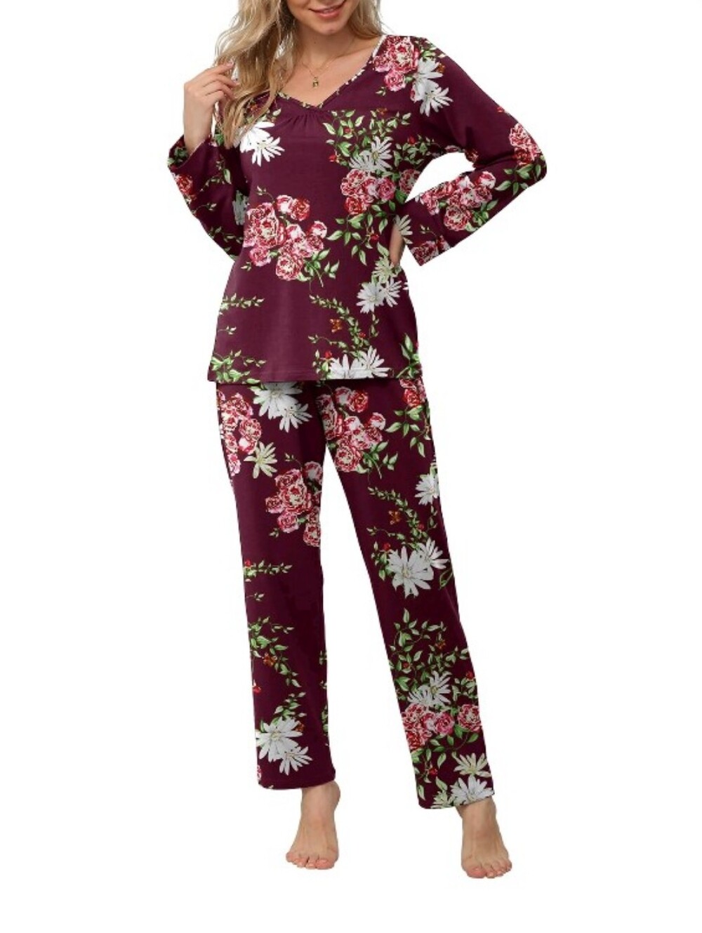 Anygrew Burgundy Floral V-Neck Pajama Set Size XXL NWT
